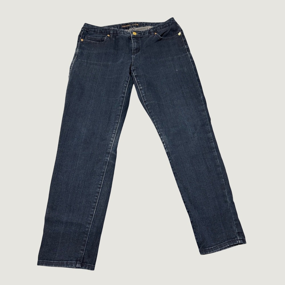 Michael Kors Womens Straight Leg Jeans Dark Wash Denim Gold Hardware Blue